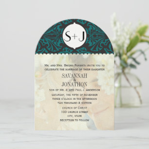 Invitation Die Cut Photo Vintage Damask Emerald Green Mariage