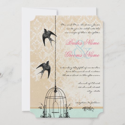 Invitation Die Cut Rustic Inséparable Birdcage Mariage (Devant)