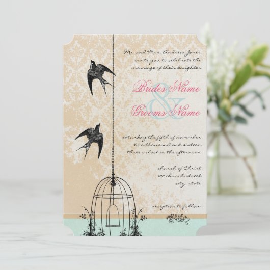 Invitation Die Cut Rustic Inséparable Birdcage Mariage (Debout devant)