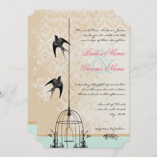 Invitation Die Cut Rustic Inséparable Birdcage Mariage (Devant / Derrière)