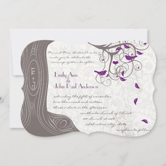 Invitation Die Cut Violet Oiseau Romantique Initiales dans le (Devant)