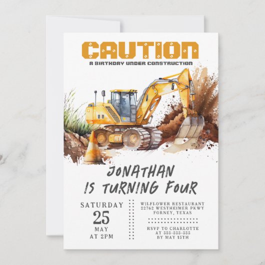 Invitation Digger de thème de construction Anniversaire de en (Devant)