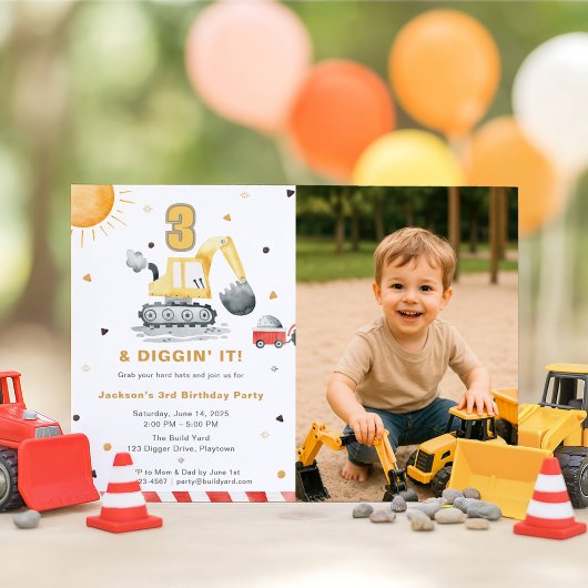 Invitation Digger Truck Construction 3rd Birthday Party Photo