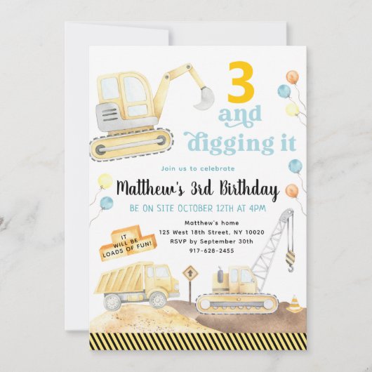 Invitation Digging It Construction Trucks Birthday (Devant)