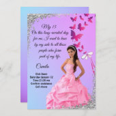 Invitation digital 15th birthday card, flower and butterfly (Devant / Derrière)