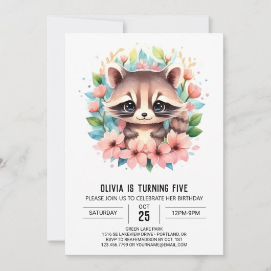 Invitation Digital Pink Raccoon fille Anniversaire (Devant)