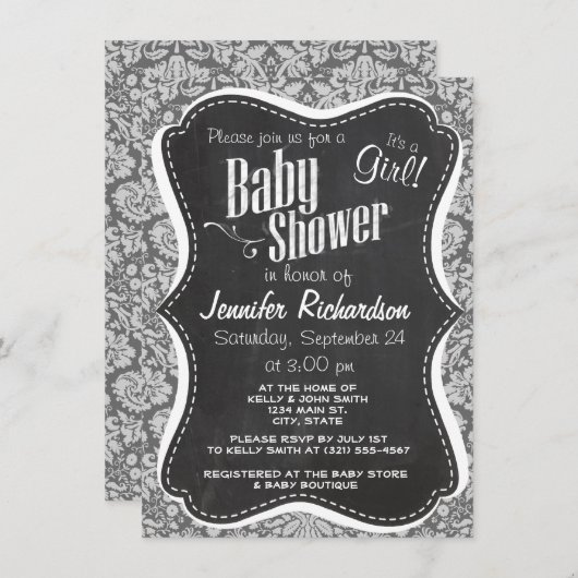 Invitation Dim Grey Damask ; Retro Chalkboard (Devant / Derrière)