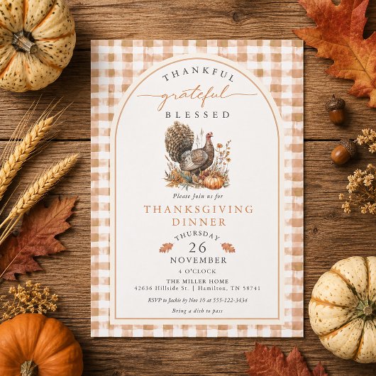Invitation Dinde à l'aquarelle d'automne Gingham Thanksgiving