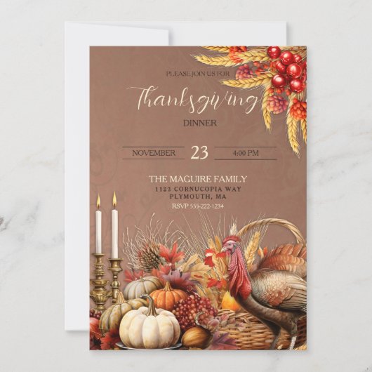Invitation Dinde de dîner de Thanksgiving Citrouilles Chandel (Devant)
