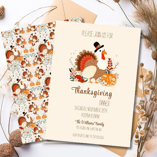 Invitation Dinde de Thanksgiving avec citrouilles, feuillage