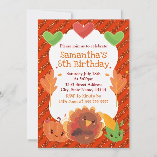 Invitation Dinde de Thanksgiving Citrouille Maïs doux Anniver (Devant)