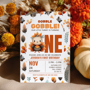 Invitation Dinde Mignonne Feuillage d'Automne Anniversaire de