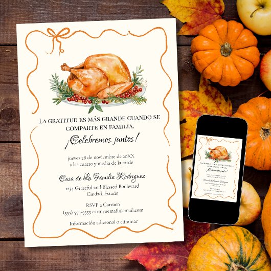 Invitation Dinde rôtie de Thanksgiving espagnol orange Bow