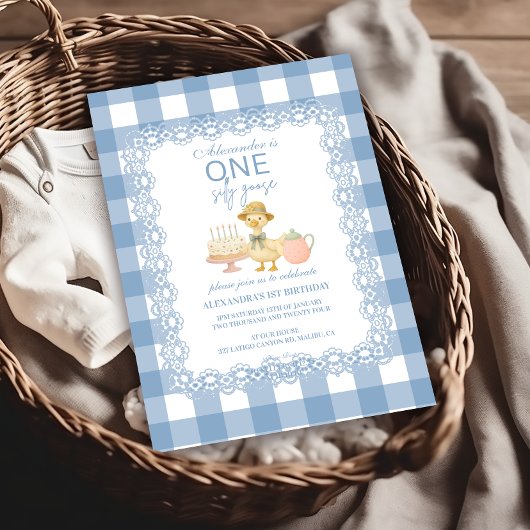Invitation Dindon Bleu à Carreaux 1er Anniversaire