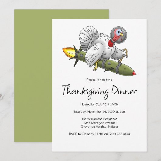 Invitation Dindon de fusée de Thanksgiving (Devant / Derrière)
