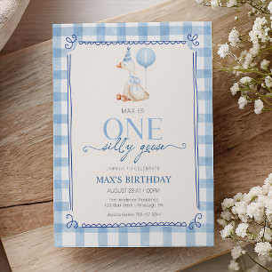 Invitation Dindon Fou Premier Anniversaire Bleu Gingham Garço