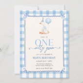 Invitation Dindon Fou Premier Anniversaire Bleu Gingham Garço (Devant)