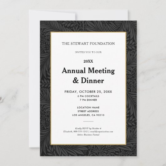 Invitation Dîner annuel élégant de botanique noire pour affai (Devant)