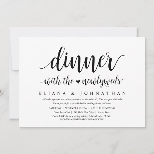 Invitation Dîner avec les jeunes mariés, Mariage Elopement (Devant)