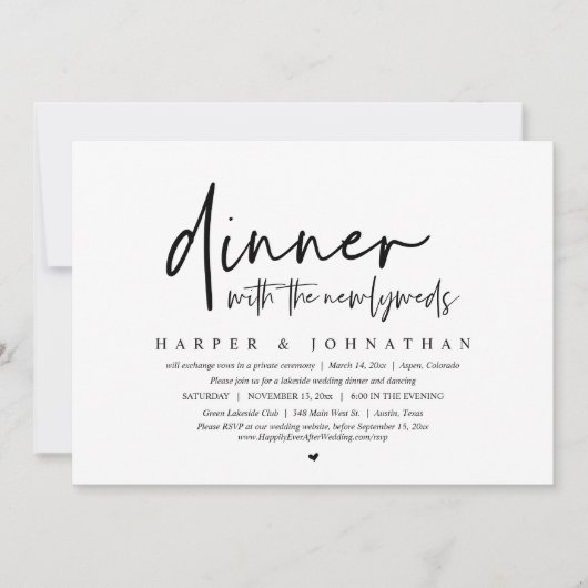Invitation Dîner avec les nouveaux mariés, Mariage Elopement  (Devant)