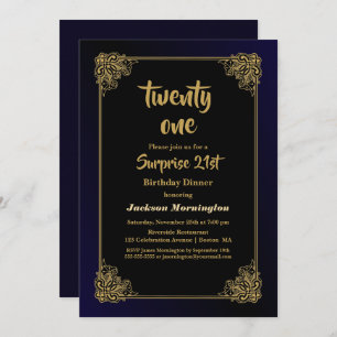Invitation Dîner Black and Gold Surprise 21e anniversaire