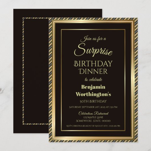 Invitation Dîner Black and Gold Surprise 50th Birthday (Devant / Derrière)