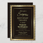 Invitation Dîner Black and Gold Surprise 50th Birthday<br><div class="desc">Une invitation à dîner surprise moderne 50e anniversaire avec une bordure d'or dans un cadre en or embelli en diagonale rayé sur un arrière - plan noir.</div>