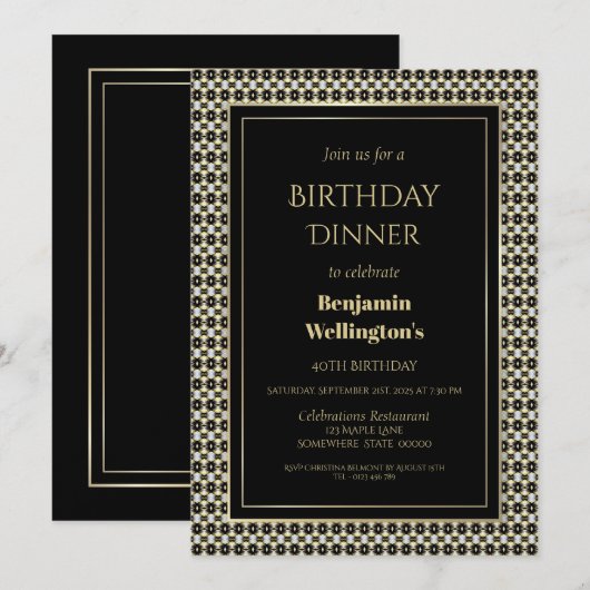 Invitation Dîner Black White and Gold 40th Birthday (Devant / Derrière)