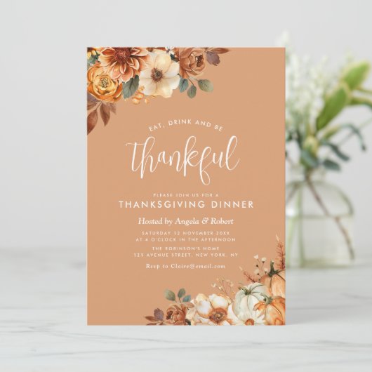 Invitation dîner bohème automne fleuri orange grise (Debout devant)