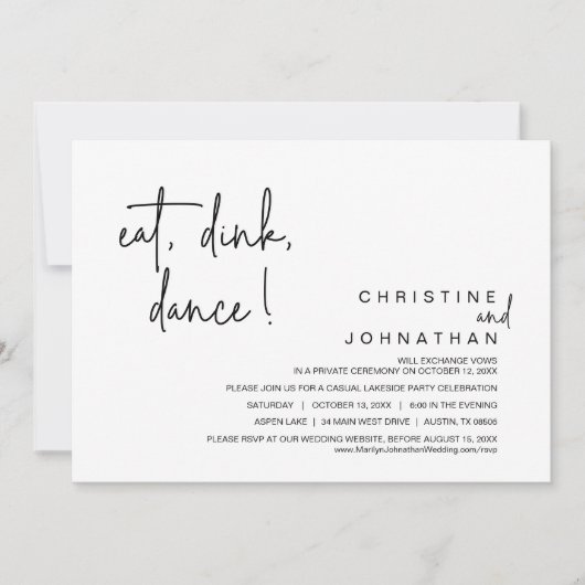 Invitation Dîner, Boire, Danse, Mariage Elopement (Devant)