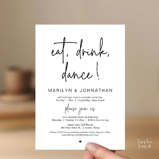 Invitation Dîner, Boire, Danse, Mariage Elopement