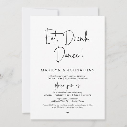 Invitation Dîner, Boire, Danse, Mariage Elopement (Devant)