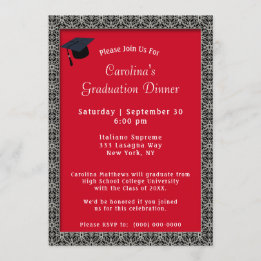 Invitation Dîner Casquette noir cadre rouge Graduation