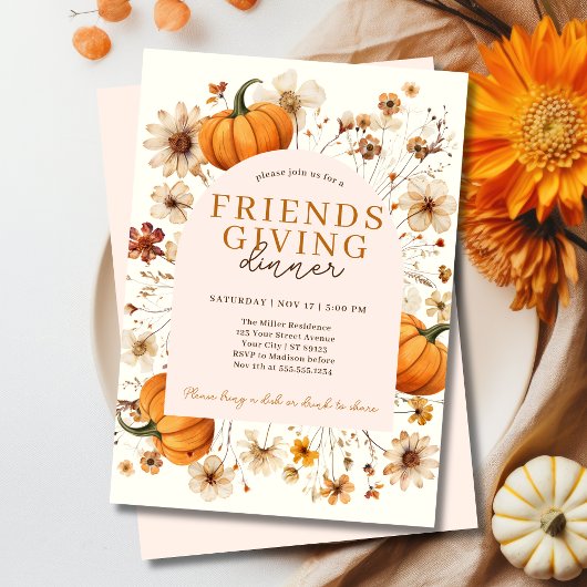 Invitation Dîner citrouille Floral Friendsgiving