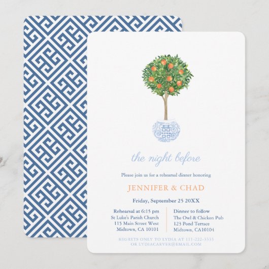 Invitation Dîner classique de répétition Mariage bleu et oran (Devant / Derrière)