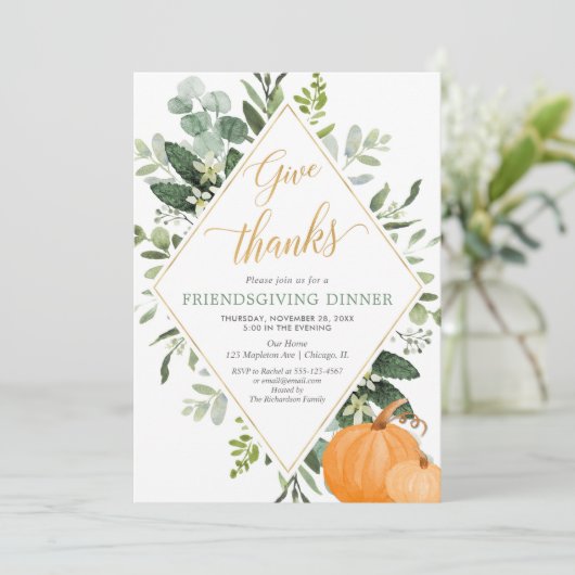 Invitation Dîner convivial verdoyant or feuille vert (Debout devant)