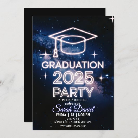 Invitation Dîner cosmique personnalisé Graduation bleu foncé (Devant / Derrière)