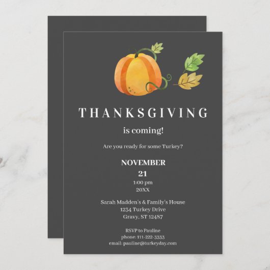 Invitation Dîner d'action de grâce Citrouille - gris foncé (Devant / Derrière)