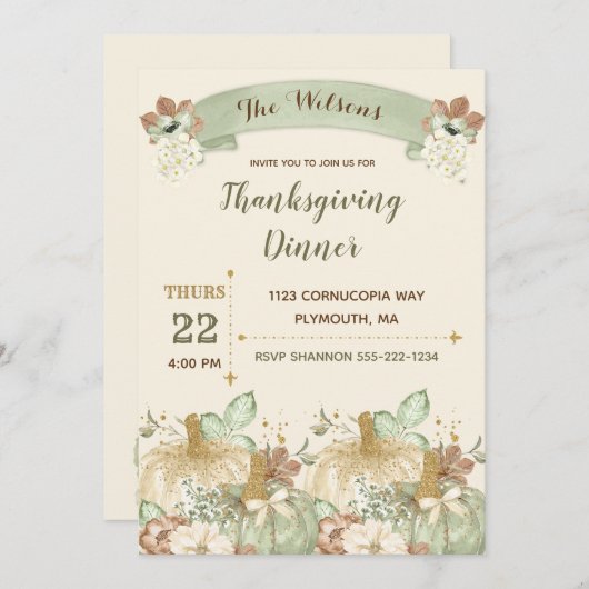 Invitation Dîner d'action de grâce Vert ivoire Brown or (Devant / Derrière)