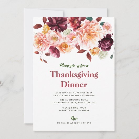 Invitation dîner d'action de grâces à fleurs d'automne rustiq (Devant)