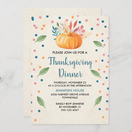 Invitation Dîner d'action de grâces à l'orange Citrouille (Devant / Derrière)