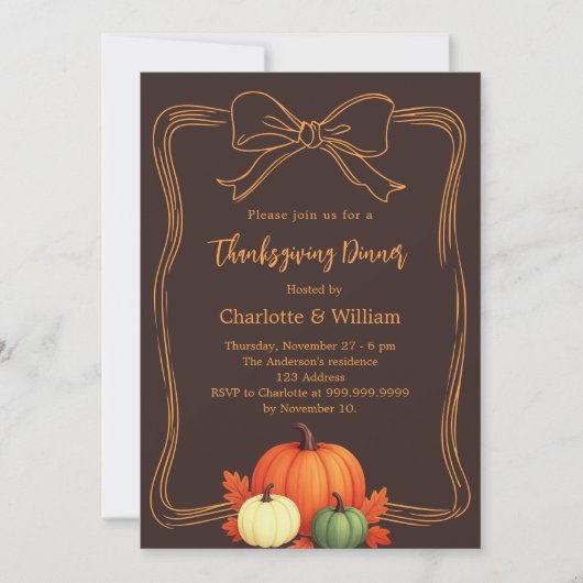 Invitation Dîner d'action de grâces citrouille arc-brun