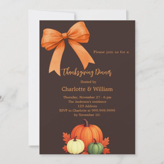 Invitation Dîner d'action de grâces citrouille arc-brun (Devant)