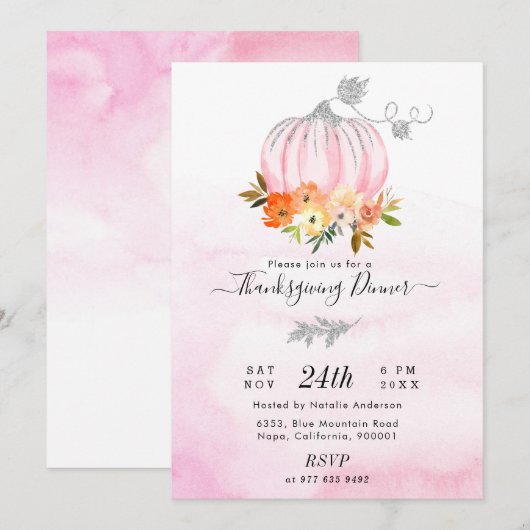 Invitation Dîner d'action de grâces Citrouille rose et argent (Devant / Derrière)