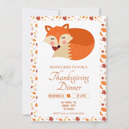 Invitation Dîner d'action de grâces de Fox couchant mignon (Devant)