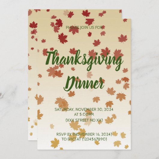 Invitation Dîner d'action de grâces Feuilles d'érable (Devant / Derrière)