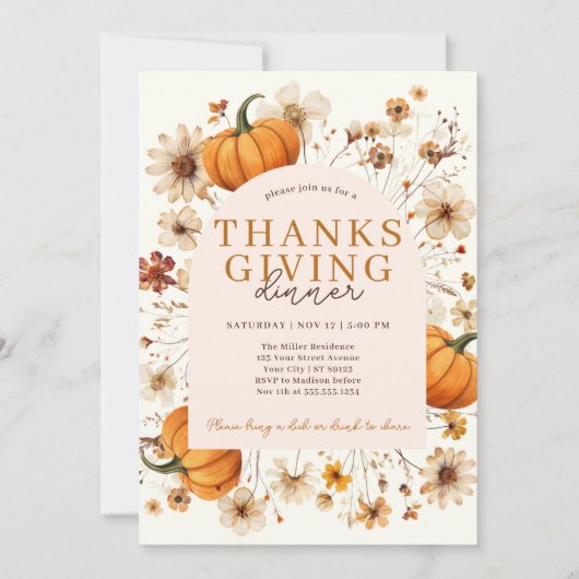Invitation Dîner d'action de grâces florale moderne Citrouill (Devant)