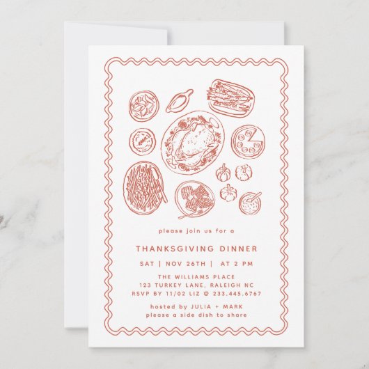 Invitation Dîner d'action de grâces minima dessiné à la main (Devant)