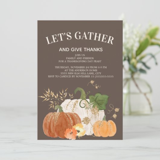 Invitation Dîner d'action de grâces Orange Citrouilles blancs (Debout devant)