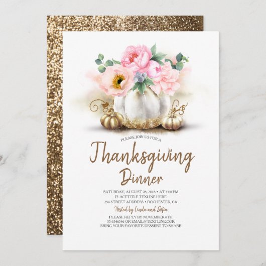 Invitation Dîner d'action de grâces rose Floral Citrouille (Devant / Derrière)